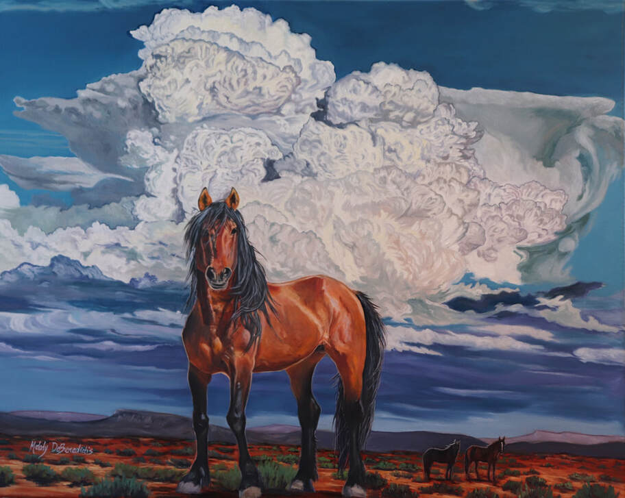 Oil painting of a wild mustang standing on the prairie with two in the background and dramatic clouds