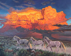 Oil painting of 3 wild mustangs running on the prairie with a dramatic cloud formation in the background